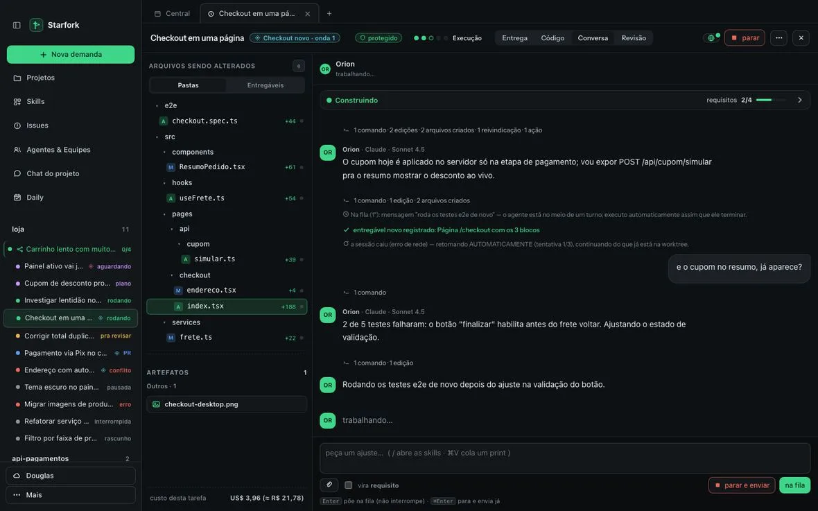 Conversa ao vivo com o agente: arquivos sendo alterados à esquerda e o agente explicando o que fez e rodando testes