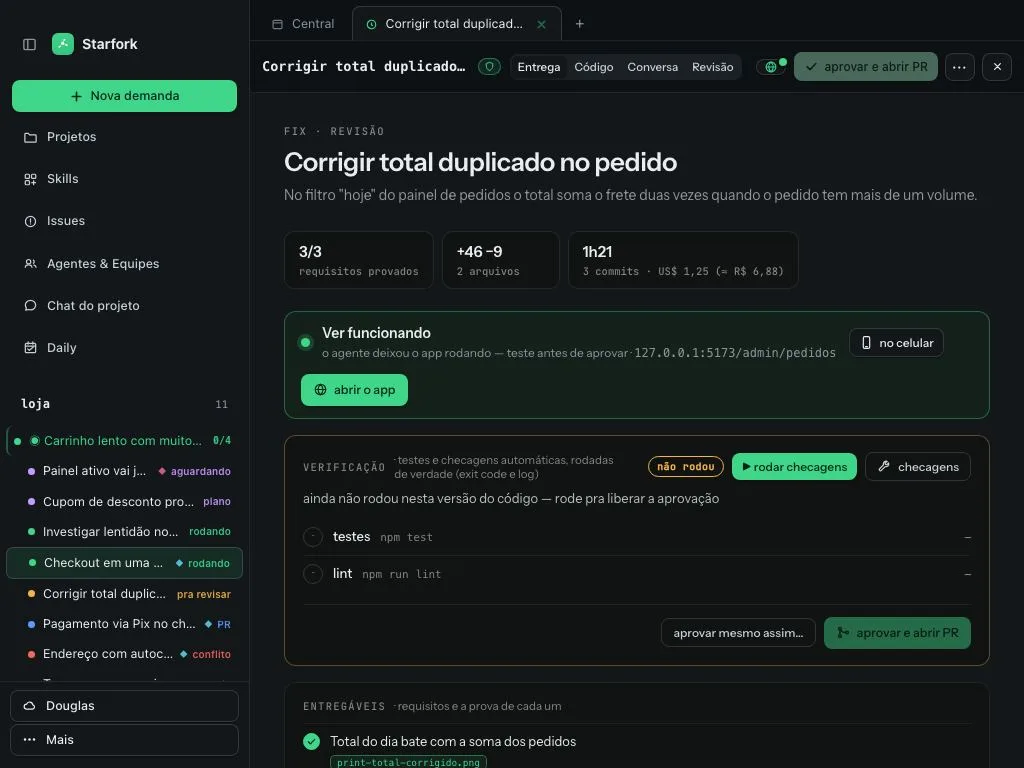 Aba Entrega de uma tarefa: requisitos provados, ver funcionando, verificação com testes e lint, e o botão aprovar e abrir PR
