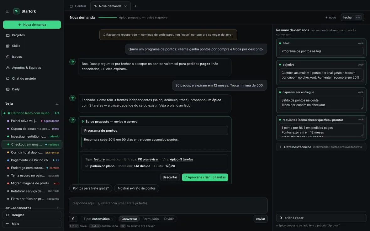 Tela Nova demanda: a pessoa descreve um programa de pontos, a IA faz duas perguntas e propõe um épico com 3 tarefas para aprovar